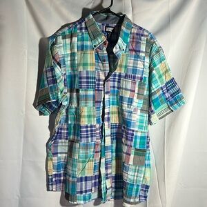Lands’ End cotton button down - blue/green plaid - XL - NWOT